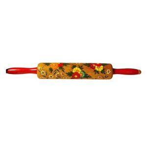 Vintage Hand-Painted Carved Wooden Rolling Pin With Floral Design & Red Handles